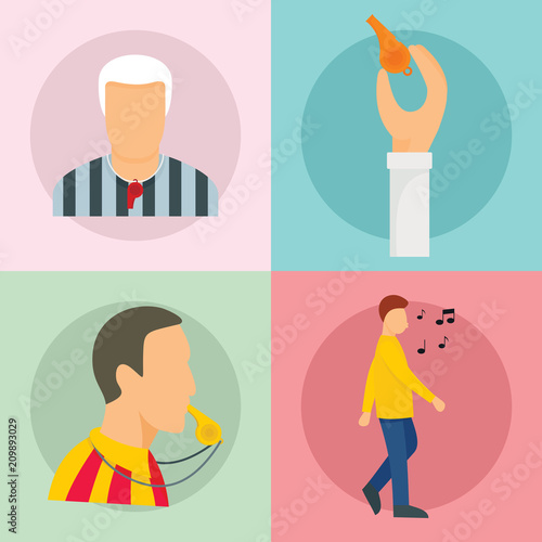 Whistle coaching blow banner concept set. Flat illustration of 4 Whistle coaching blow vector banner concepts for web