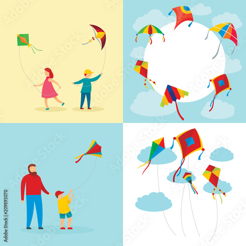 Kite flying festival surf banner concept set. Flat illustration of 4 kite flying festival surf vector banner concepts for web