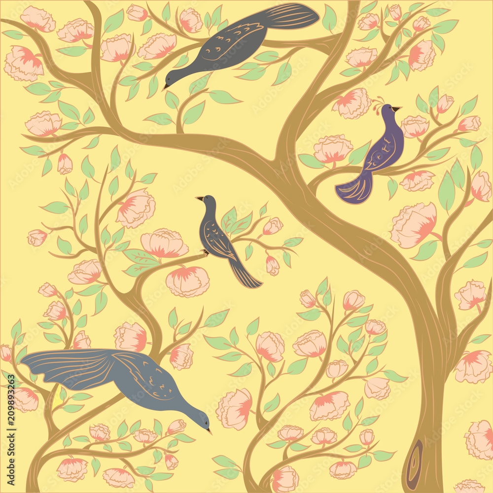 Fototapeta premium Paradise birds on the branches of a flowering tree in the garden