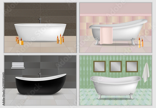 Bathtub shower interior mockup set. Realistic illustration of 4 bathtub shower interior mockups for web