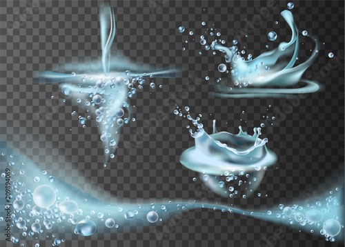 Set of translucent water splashes, drops and crown in light blue colors, isolated on transparent background. Vector illustration.