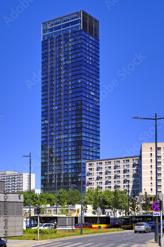 Warsaw, Poland - Panoramic view of city center with modern skyscraper Cosmopolitan at 2/4 Twarda street co-existing with typical socialist architecture