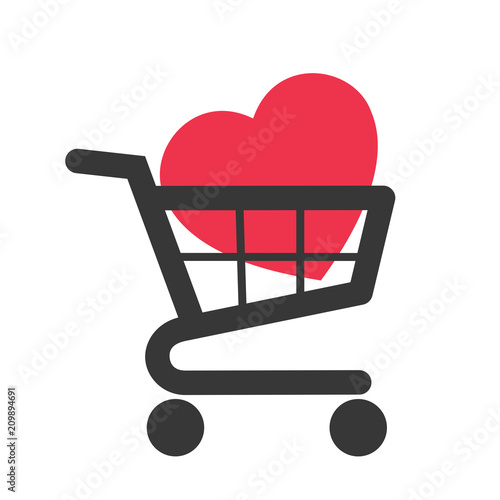 Buying love - Shopping cart with red heart as metaphor of link between romantic emotion / Feeling and money for purchase. Price of part of body for donation on the market. Vector illustration
