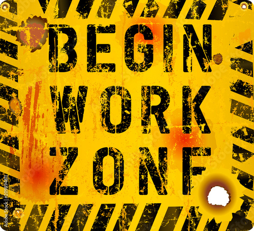 Grungy web page maintenance sign " begin work zone", vector illustration, fictional artwork