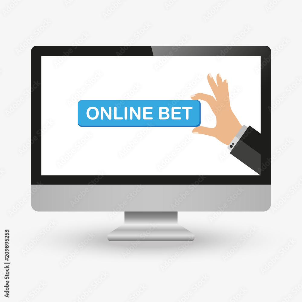online bet betting with hand pointing a button on top of laptop vector graphic illustration online bet betting with hand pointing a button on top of laptop vector graphic illustration