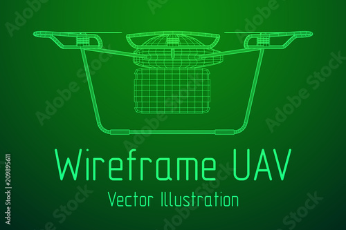 Remote control air drone. Dron flying with action video camera. Wireframe low poly mesh vector illustration