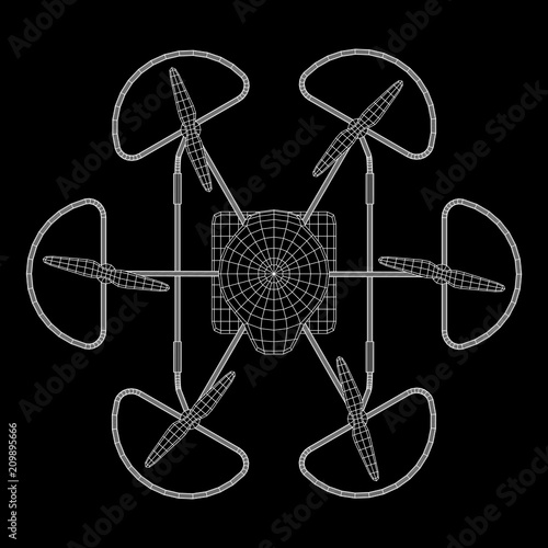 Remote control air drone. Dron flying with action video camera. Wireframe low poly mesh vector illustration