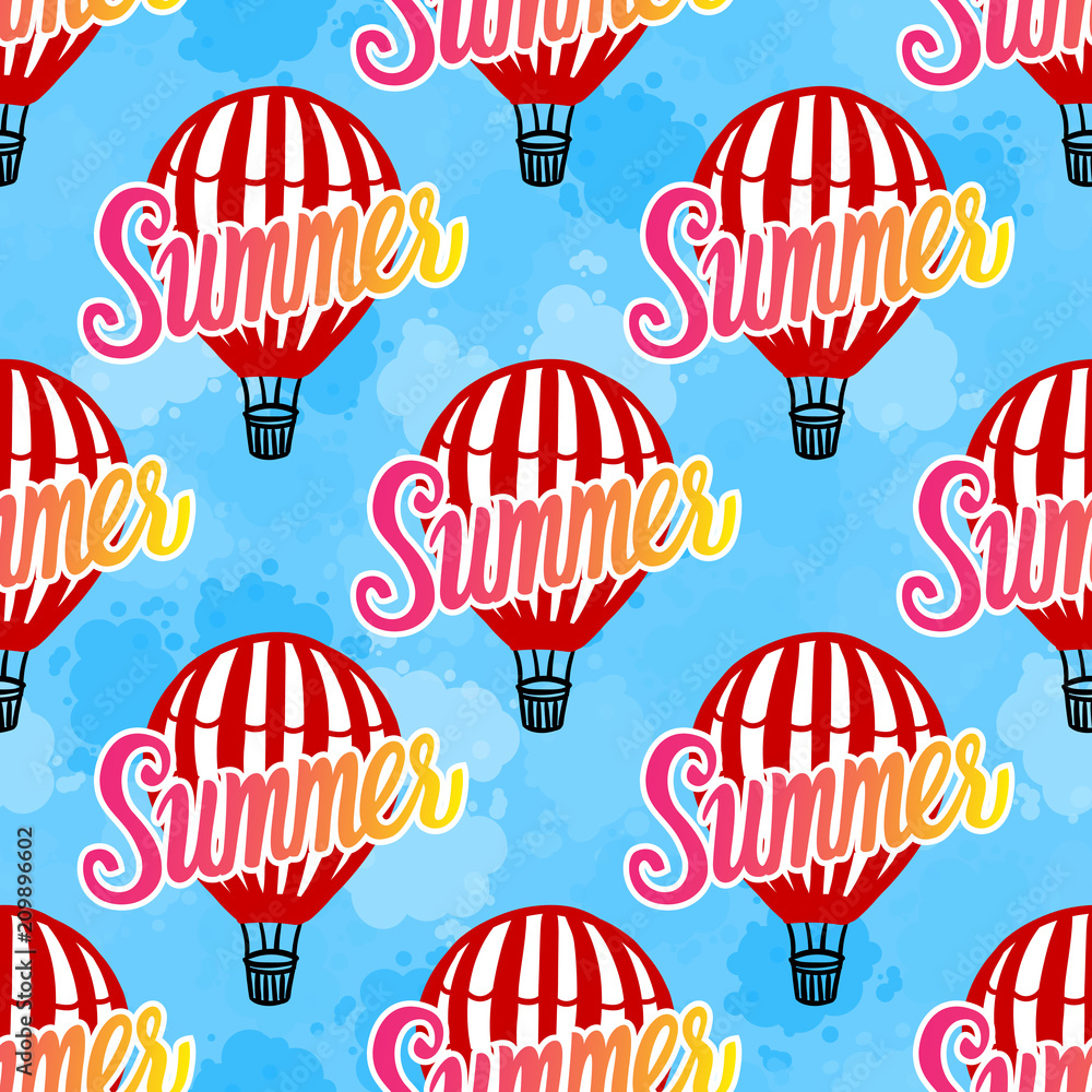 Vector Seamless Pattern Hot Air Balloon and summer inscription hand lettering on blue sky background.