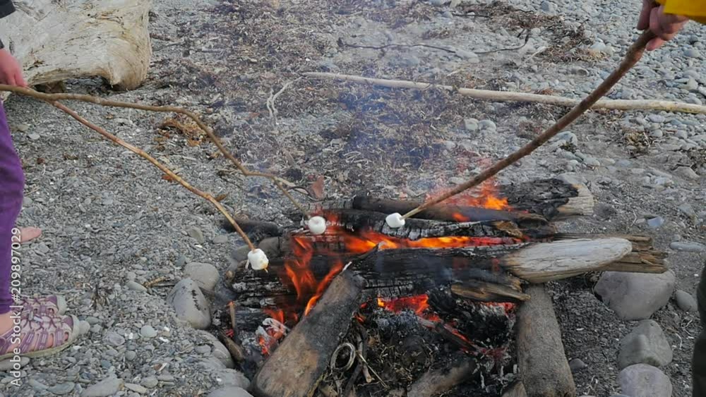 Marshmallows being roasted on a beach fire. Marshmallows being roasted on a beach fire.