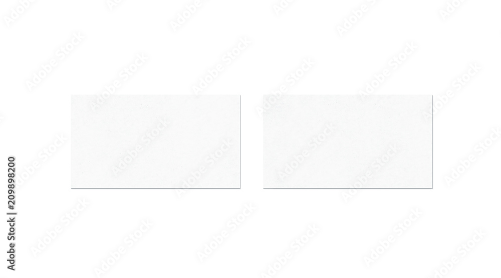 Blank white two business cards mock up, top view, isolated, 3d rendering. Namecard design mockup front and back view. Calling papersheet template for company name, phone number, email address.