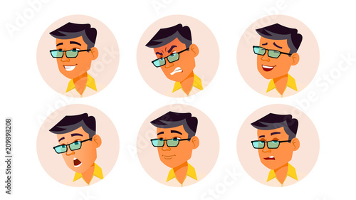 Man Avatar People Vector. Korean, Thai, Vietnamese. Facial Emotions. User Person. Expressive Picture. Pretty User. Happy, Unhappy. Isolated Flat Cartoon Illustration