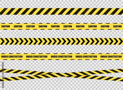 Vector Stop Tapes Set, Dangerous Zone Sign, Bright Yellow and Black Cross Lines on Transparent Background. © Aleksey