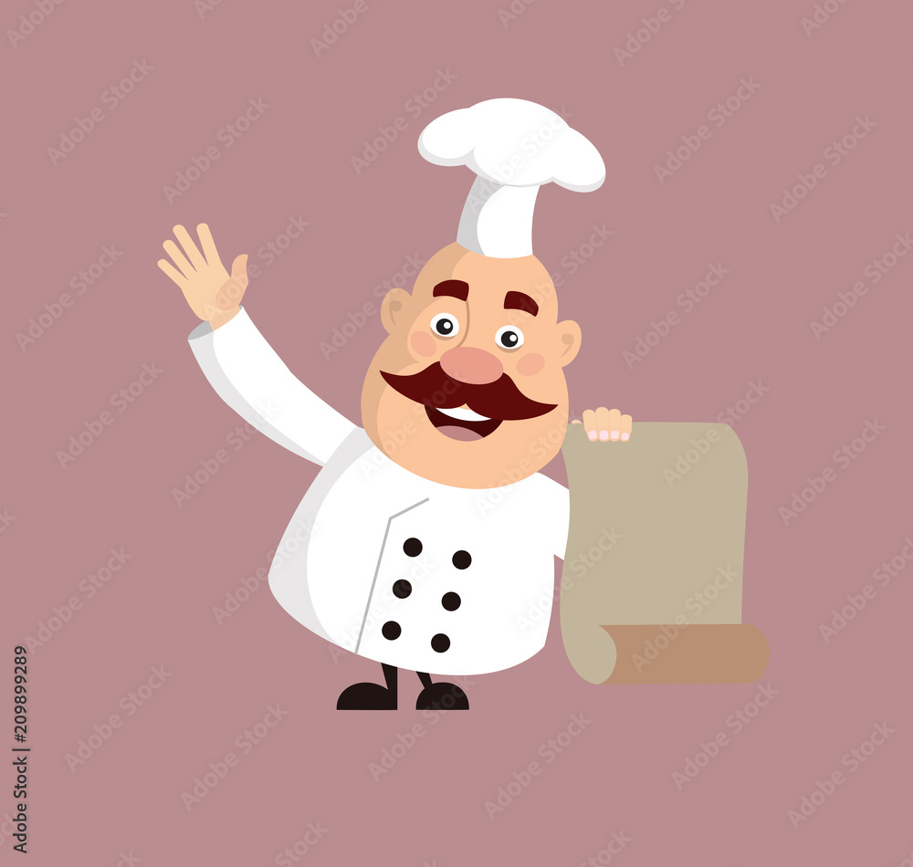 Fat Cartoon Chef showing list receipe Flat Vector Illustration Design Fat Cartoon Chef showing list receipe Flat Vector Illustration Design