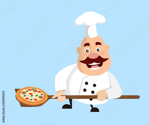 Fat Cartoon Chef baking pizza Flat Vector Illustration Design