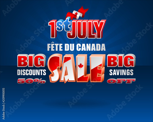 Holiday design, background with 3d texts, maple leaf and national flag colors, for First of July, Canada National day, sales, commercial events