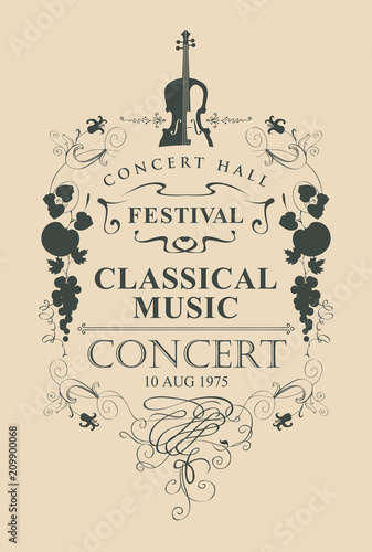 Vector poster for a concert of classical music with place for text, vignette and violin in vintage style on beige background