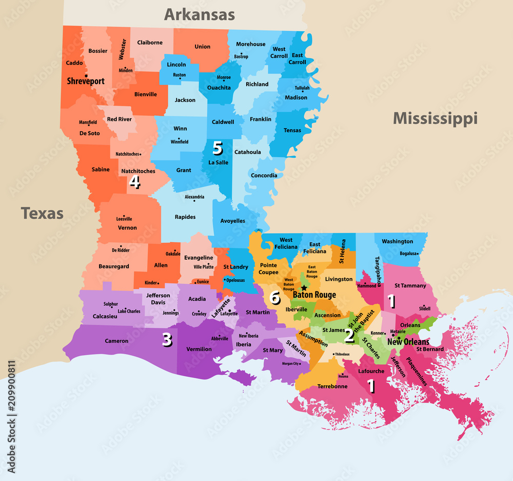Obraz Louisiana's Congressional districts vector high detailed map with