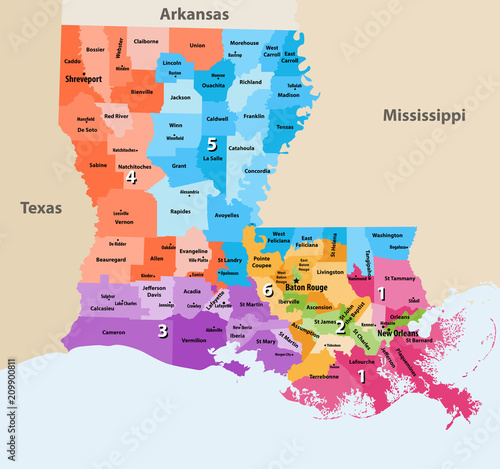 Louisiana's Congressional districts vector high detailed map with regions and major cities names