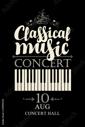 Vector poster for a concert of classical music with piano keys in retro style on black background