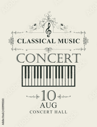 Vector poster for a concert of classical music with piano keys in retro style on light background