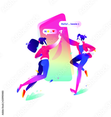 Illustration of a boy and a girl with a smartphone. Vector flat icon. Users of messenger. Two characters get acquainted with the chat. Illustration for banner and website. Modern means of communicatio
