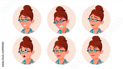 Avatar Woman Vector. Secretary, Accountant. Human Emotions. Casual. Laugh, Angry. Various Emotions. Flat Character Illustration