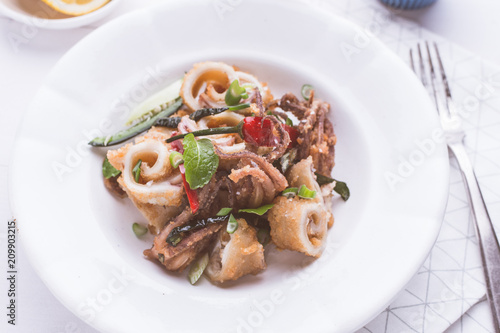 Fresh Fried Squids Calamari, Red Hot Chili Pepper and Green Mint Leaves on White Plate