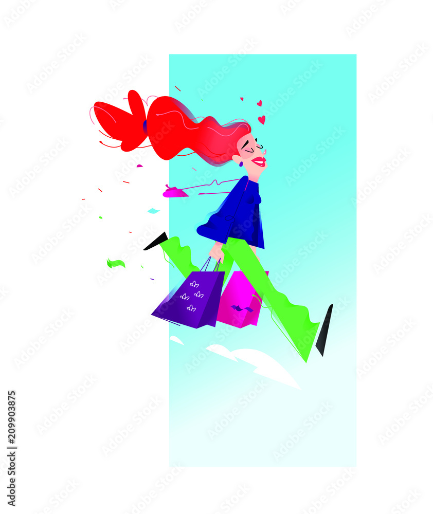 Illustration of a cute girl with shopping. Vector illustration. A cute red-haired girl is running with packages. Image is isolated on white background. Flat illustration for print and website. Illustration of a cute girl with shopping. Vector illustration. A cute red-haired girl is running with packages. Image is isolated on white background. Flat illustration for print and website.