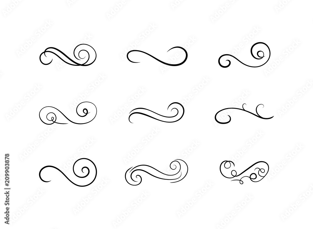 Vector Book Decoration Antique Set, Swirly Lines, Calligraphic Design Elements Isolated on White Background, Black Color. - obrazy, fototapety, plakaty 