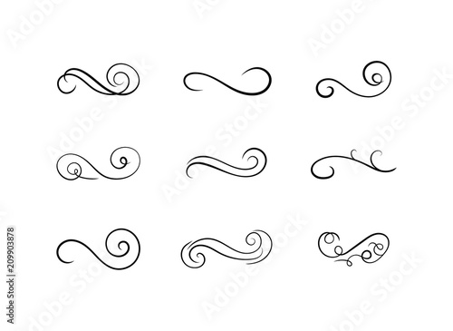 Vector Book Decoration Antique Set, Swirly Lines, Calligraphic Design Elements Isolated on White Background, Black Color.