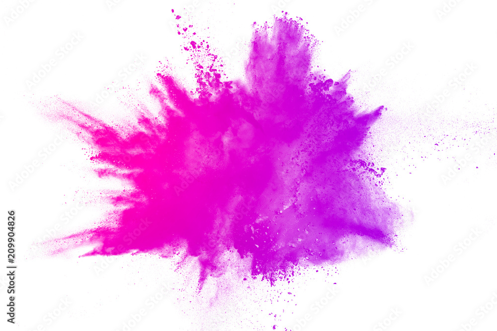 Obraz Streszczenie różowy proszek eksplozji na białym tle. Zamrozić ruch różowego pyłu.