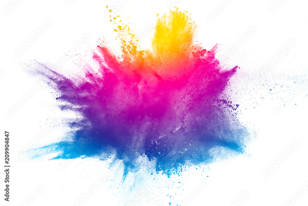 Explosion of rainbow color powder on white background. Stock Photo