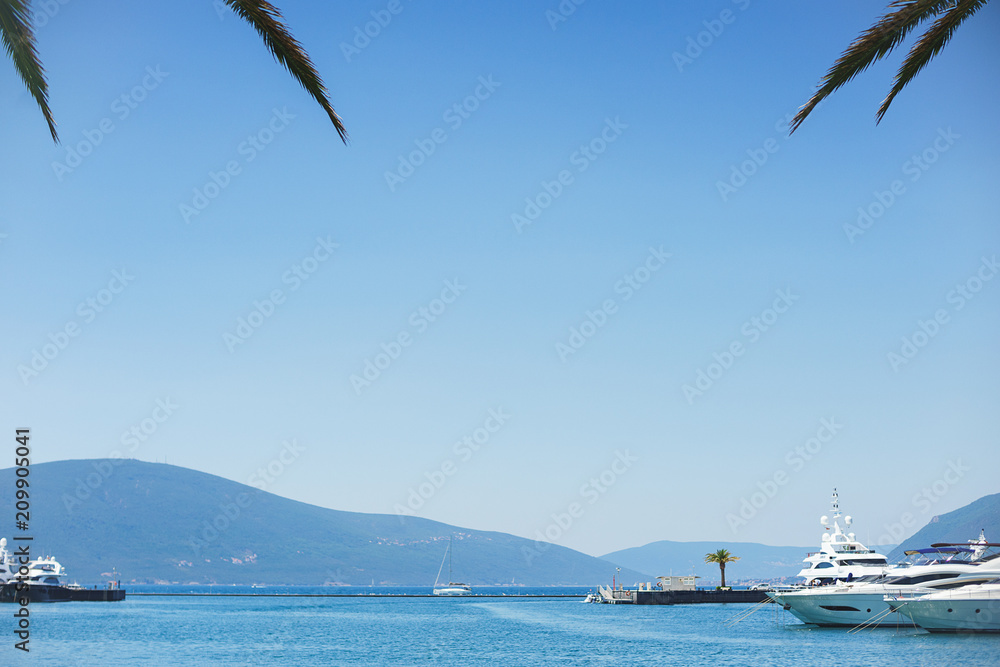 Fototapeta premium Beautiful vacation wallpaper with palm trees, sea and yachts on the horizon.