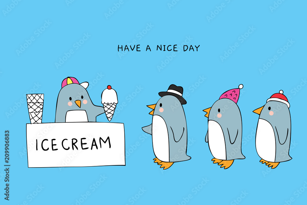 Obraz premium Cartoon cute penguin and ice cream vector.