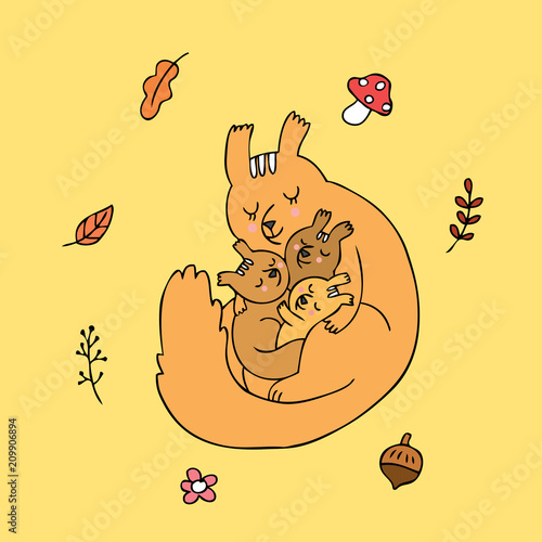 Cartoon cute mom and baby squirrel sleeping vector.