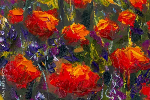 Obraz Obraz olejny maku. Letnie kwiaty czerwone pole. Sztuka współczesna - impresjonizm, faktura.