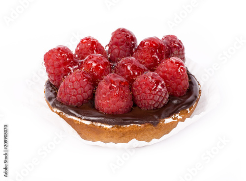 Chocolate raspberry dessert cake isolated on white background
