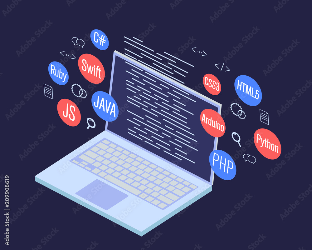 programming banner, coding, best programming languages, isometric ...
