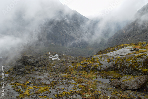 Mount Baker partly covered by clouds in the Rwenzori Mountains, Uganda