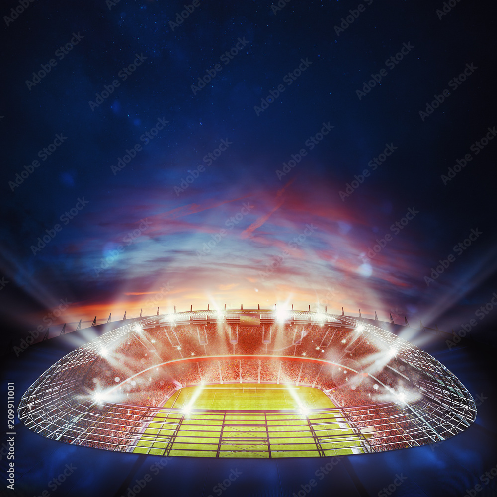 Naklejka premium Top view of a soccer stadium at night with the lights on. 3D Rendering