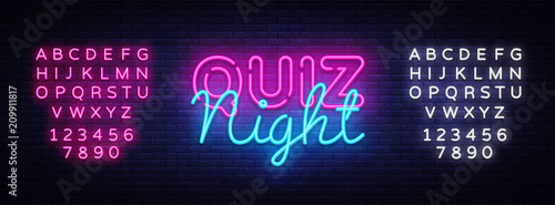 Quiz night announcement poster vector design template. Quiz night neon signboard, light banner. Pub quiz held in pub or bar, night club. Pub team game. Questions game. Vector. Editing text neon sign