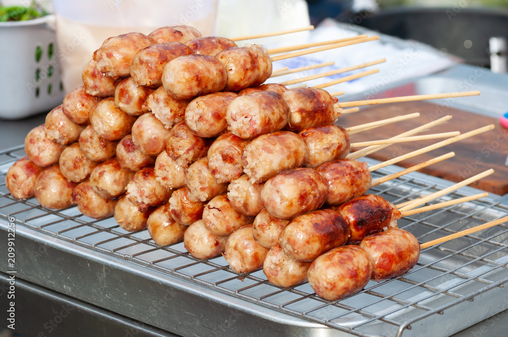 Grilled thai sausages, a kind of street food in Thailand