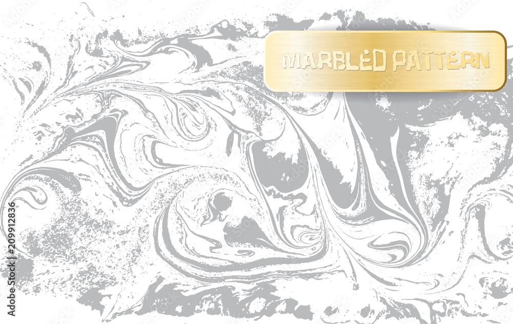 Obraz premium White and gray marble pattern. Light marbling texture. Decorative marbled background with gold banner. Vector illustration.