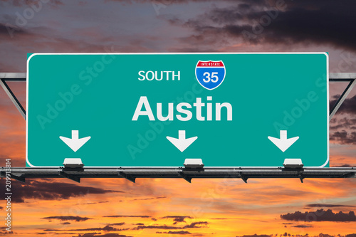 Austin Texas Route 35 Freeway Sign with Sunset Sky