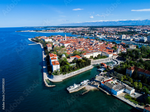 Zadar peninsula with pier and beautiful old city, shot with aerial drone, Adriatic sea (Jadransko More), Croatia