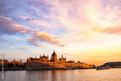 Hungarian parliament building in Budapest at sunset  view from the Danube river