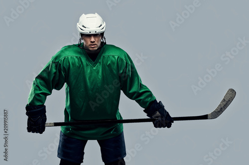 Canvas Print Portrait of a professional hockey player wearing full gear and a hockey stick on a gray background