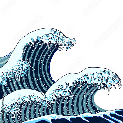 Vector Japanese Waves Illustration, Traditional Asian Art, Painting, Hand Drawn Sea.