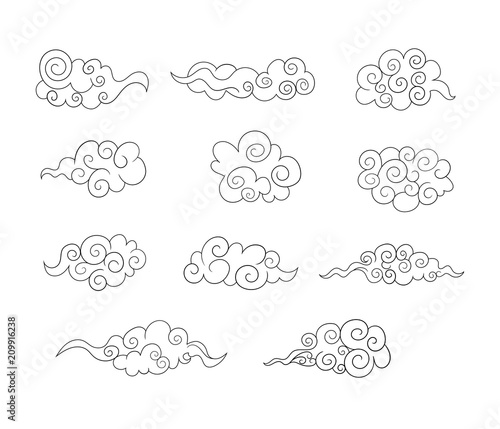 Vector Design Elements Set, Tradition Asian Art, Outline Clouds Background.