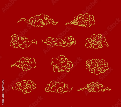 Vector Golden Tibetan Clouds, Buddhism Art, Design Elements Set.